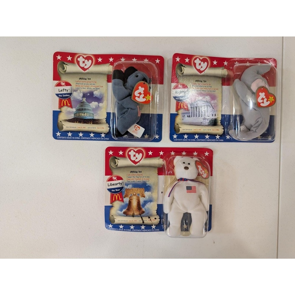 TY Beanie Babies McDonald's Teenie American Flag Bear Donkey Elephant - Picture 1 of 2